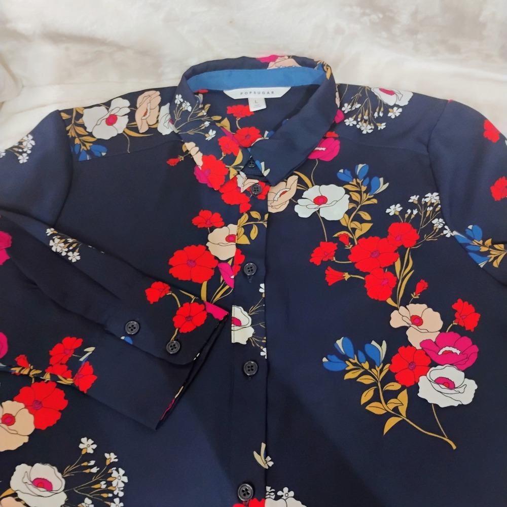 PopSugar Navy Blue Floral Button Down Blouse Long Sleeve Top Size Large V